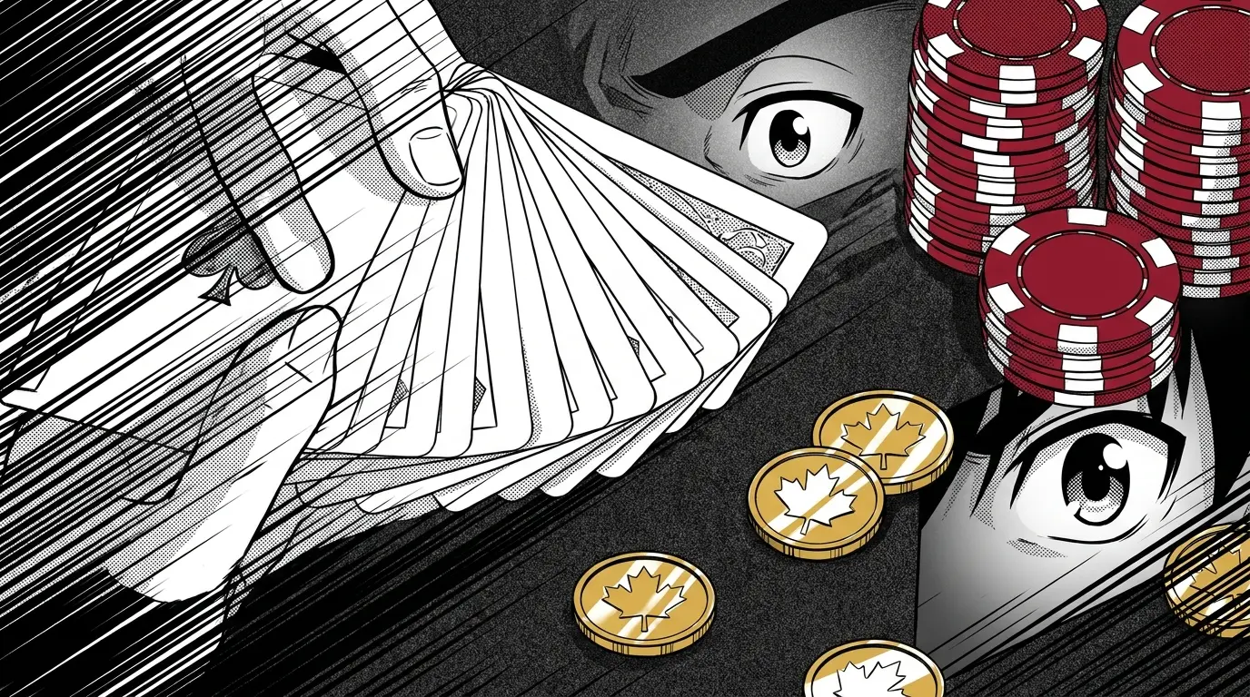 Casino cards and chips with Canadian coins in dramatic lighting