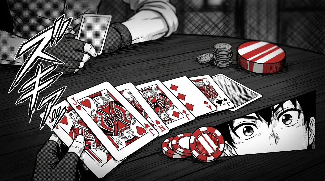 Playing cards and chips with hockey puck in Canadian themed setting