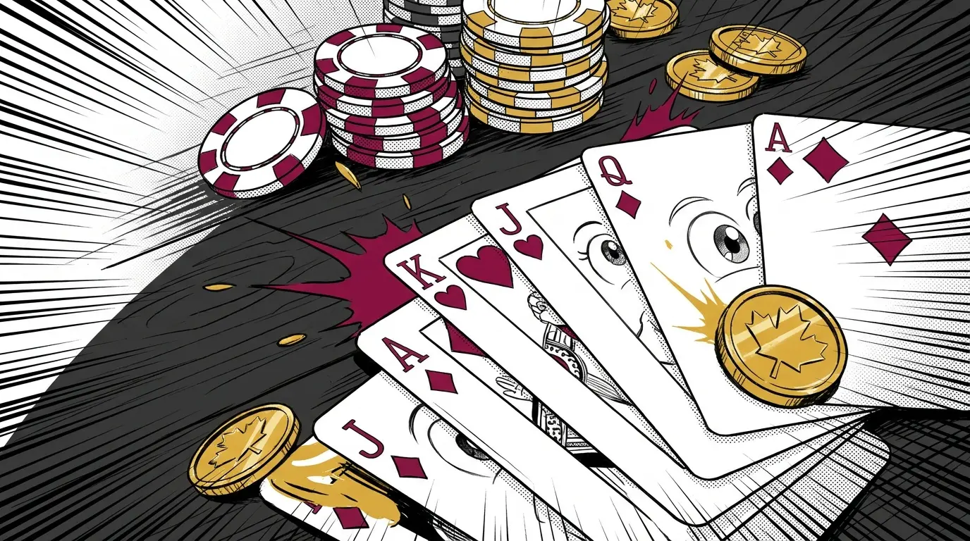 Playing cards with poker chips and Canadian coins in dramatic lighting