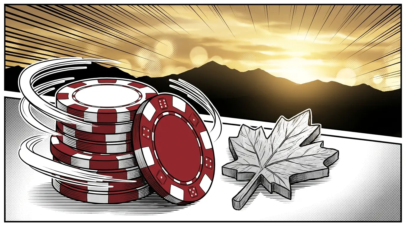 Casino chips with Canadian maple leaf and mountain backdrop