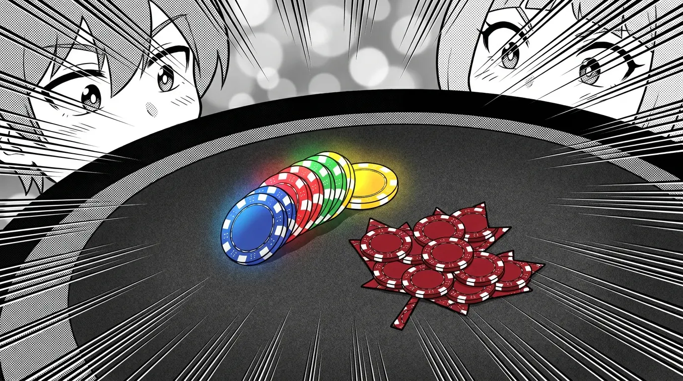 Casino chips stacked beside maple leaf arrangement representing Canada