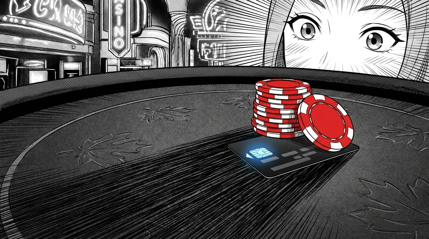 Poker chips and card on casino felt with Canadian theme