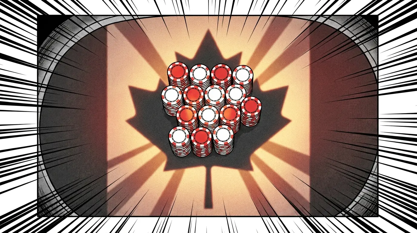 Casino chips arranged with Canadian maple leaf lighting effect