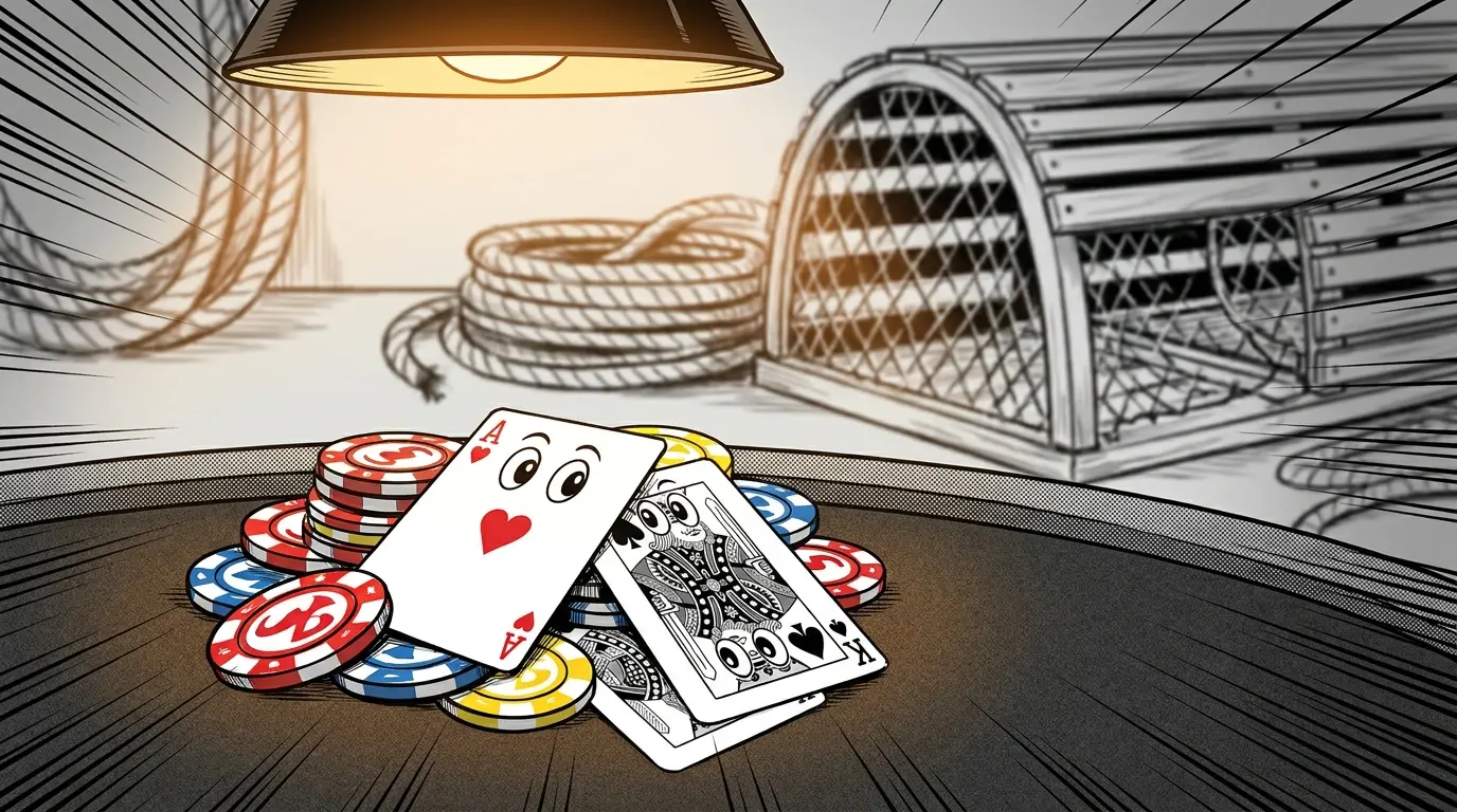 Casino chips and cards with maritime New Brunswick elements in background