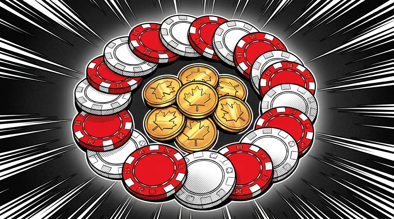 Red and white casino chips with gold coins on gaming table