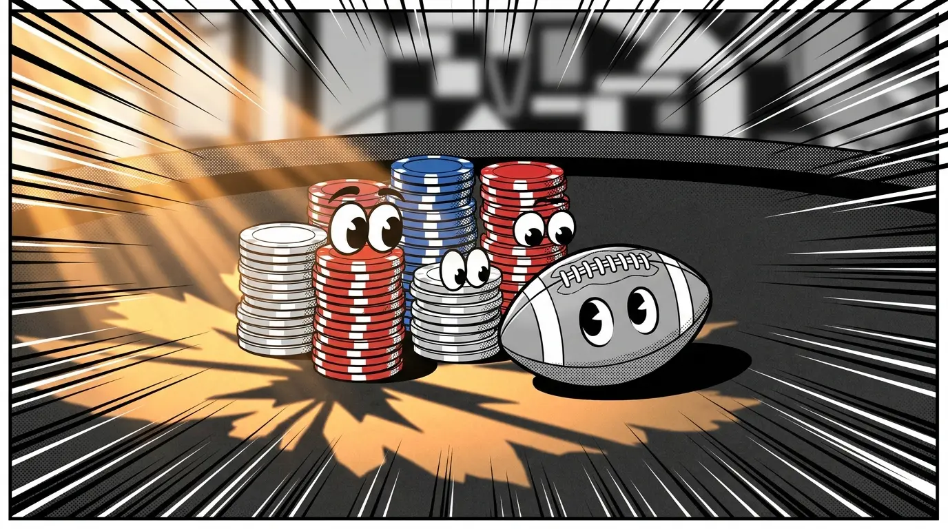 Betting chips arranged with Canadian football on dark felt