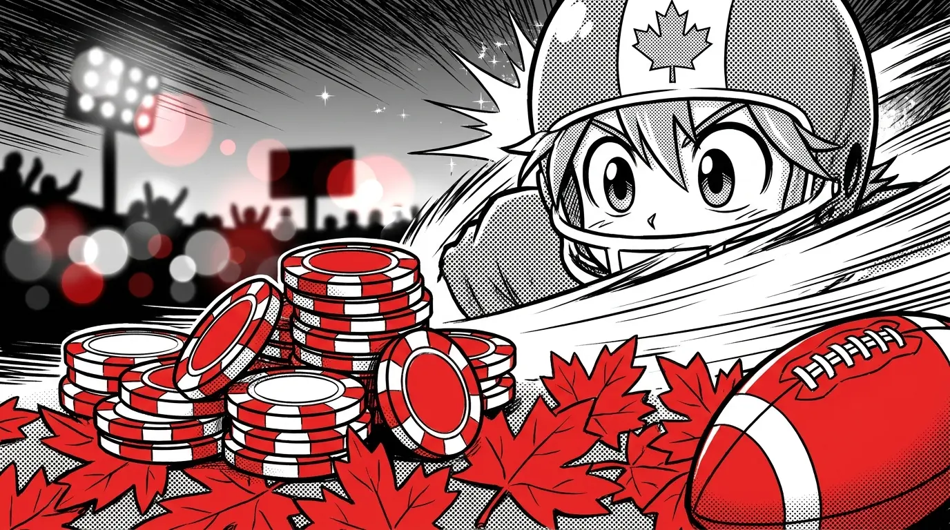 Canadian football with maple leaf and betting chips under stadium lights