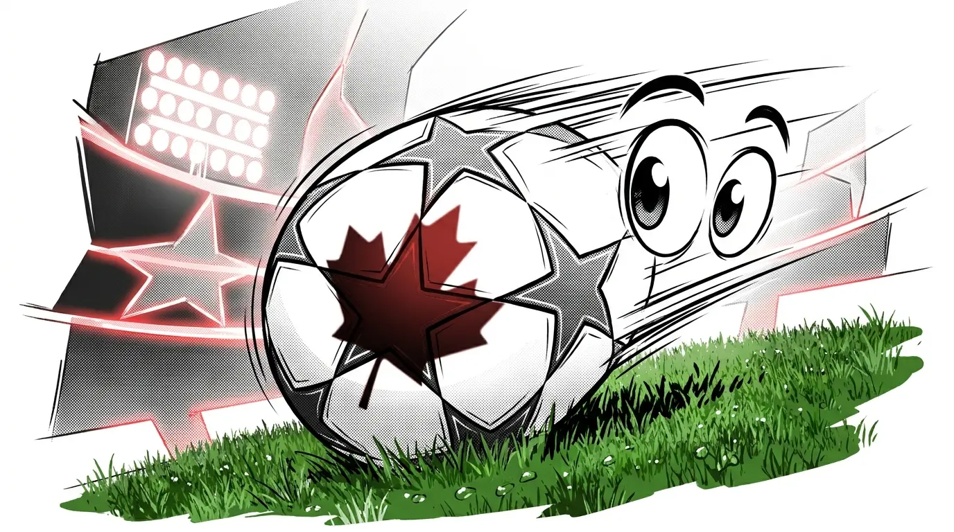 Champions League football on pitch with Canadian maple leaf shadow
