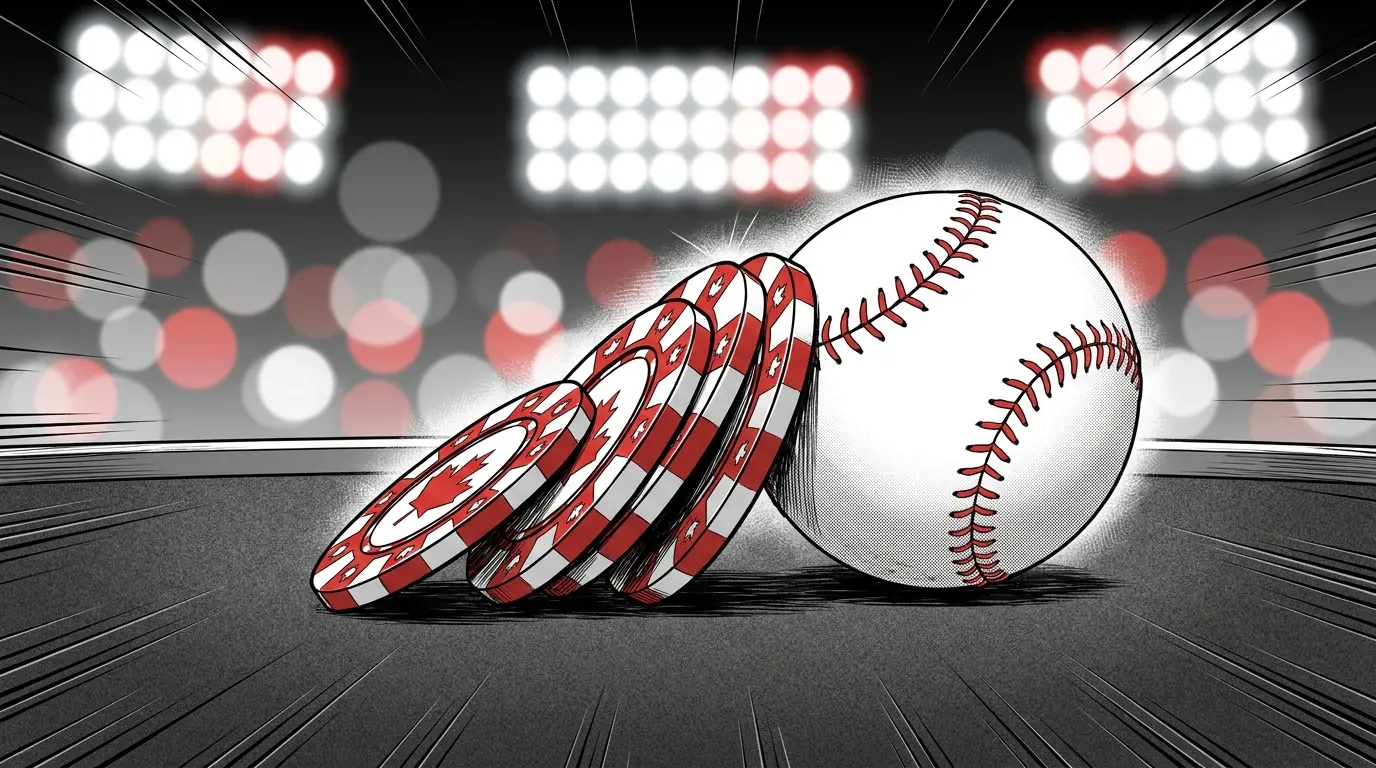 Casino chips stacked beside baseball in Canadian team colors
