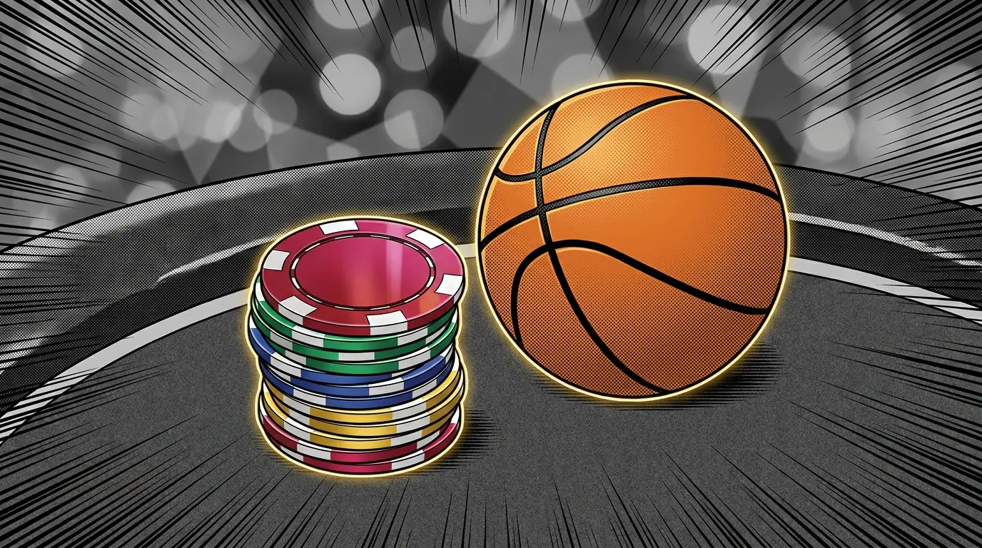 Poker chips and basketball arranged on dark surface with ambient glow