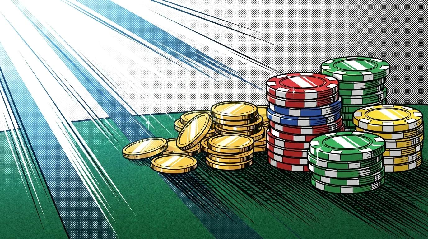Casino chips and coins showing betting deposit concept