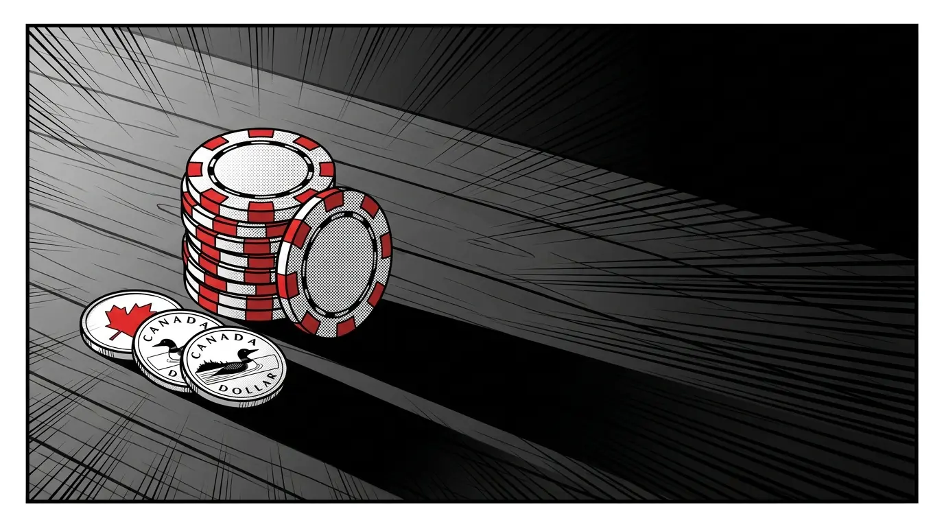 Casino chips and Canadian coins with dramatic lighting