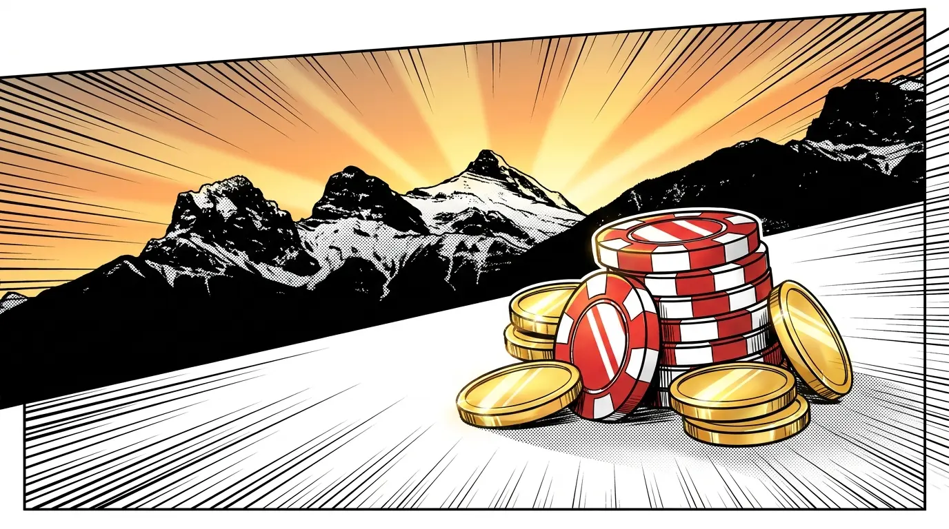 Poker chips and coins with mountain landscape background