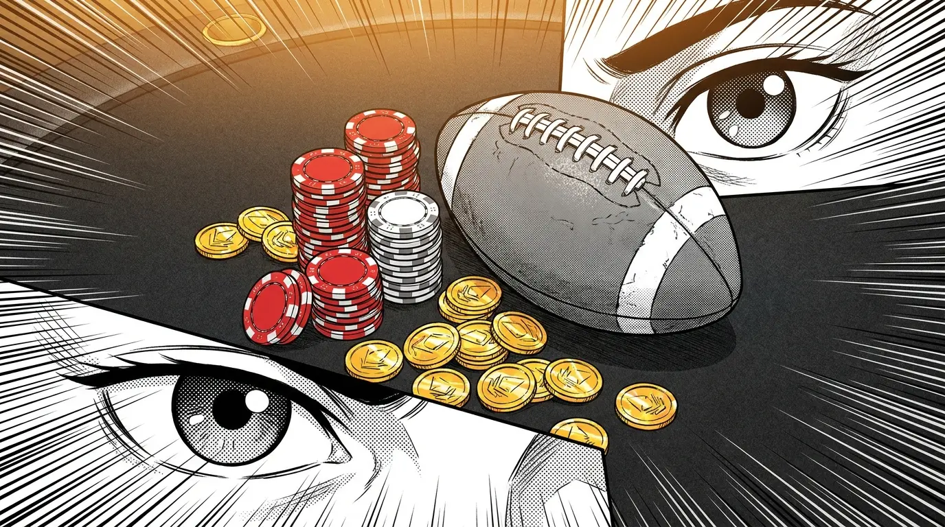 Casino chips and football with coins in overhead composition