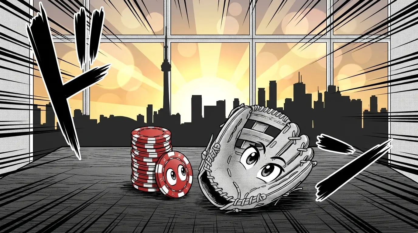 Casino chips and baseball glove with Canadian city skyline backdrop
