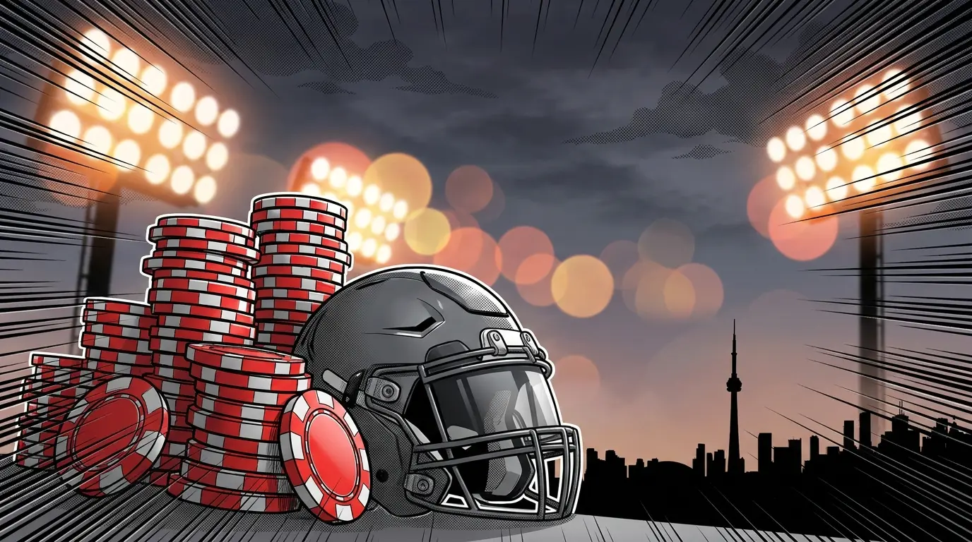 Betting chips and football helmet with Canadian city skyline backdrop