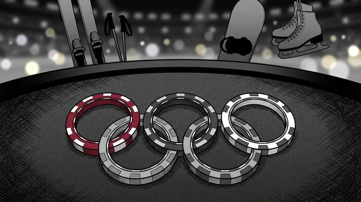 Poker chips arranged as Olympic rings with winter sports theme