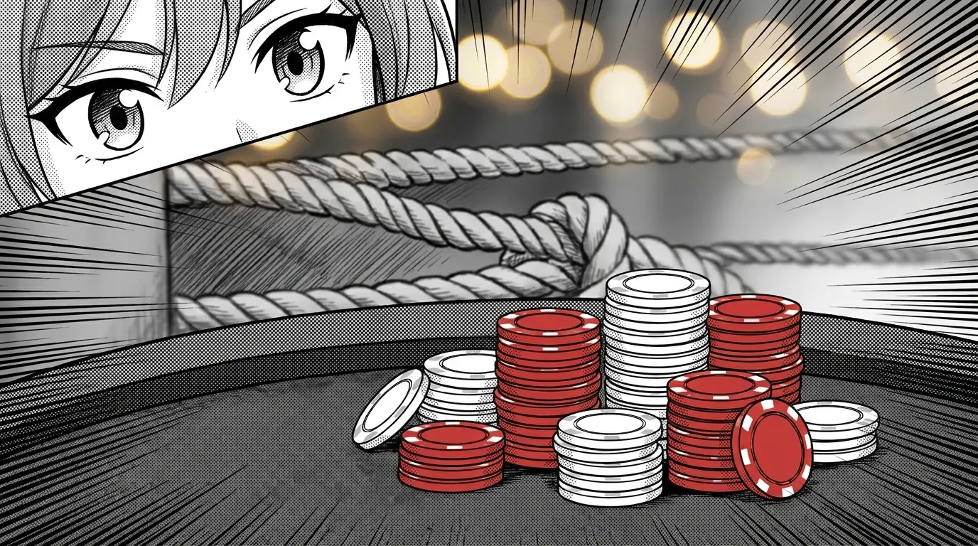 Casino chips stacked with wrestling ring in background