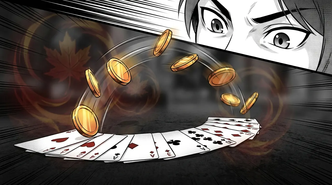Golden coins falling over playing cards with Canadian themed lighting