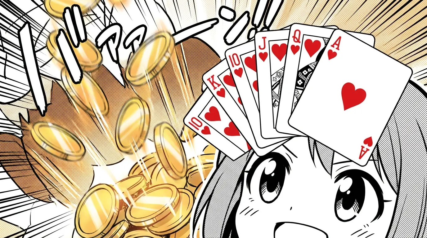 Coins falling near playing cards in winning arrangement