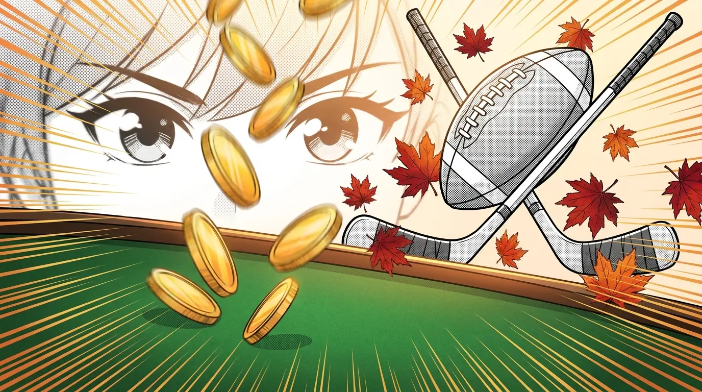Coins falling onto sports betting table with Canadian elements