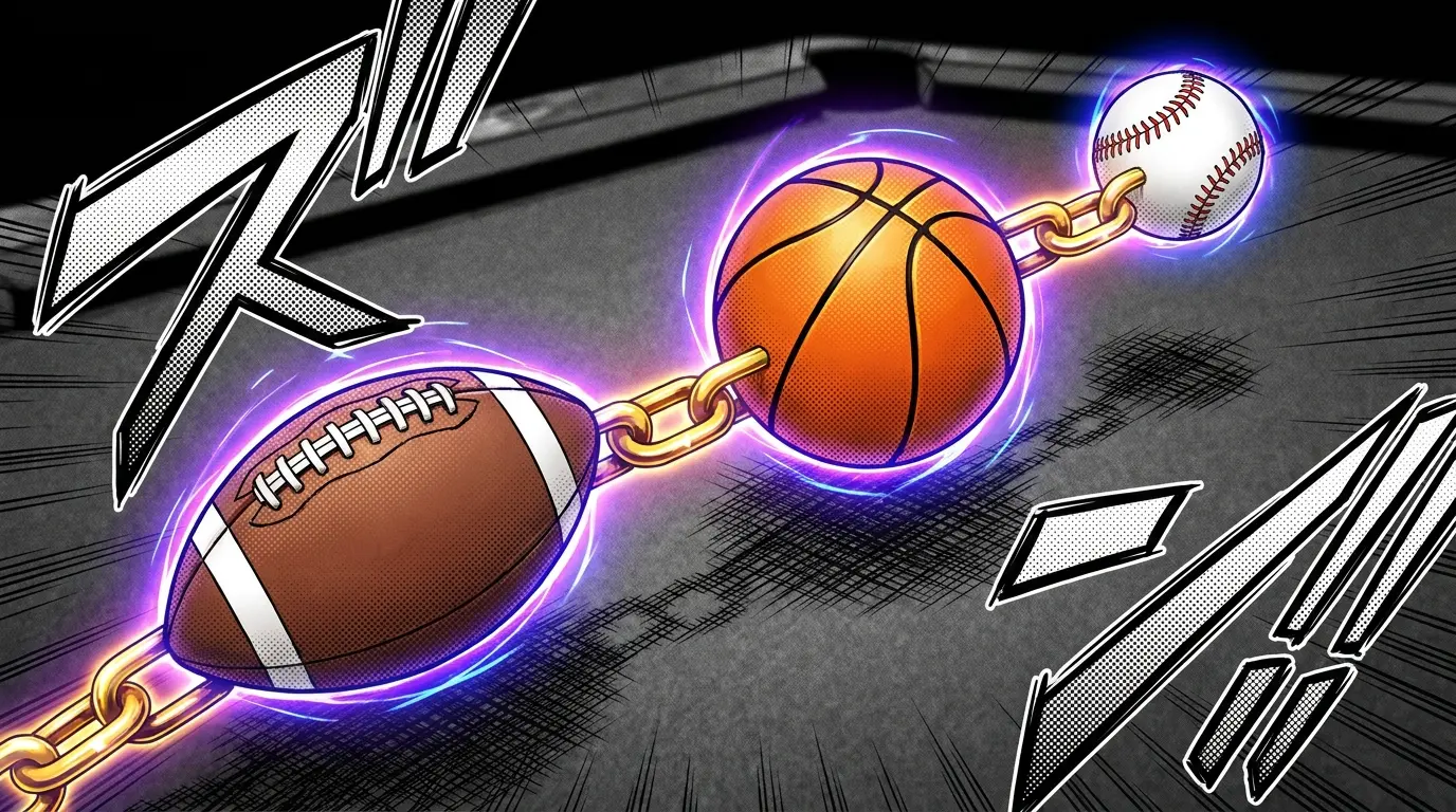 Sports balls connected by glowing chains representing parlay bets