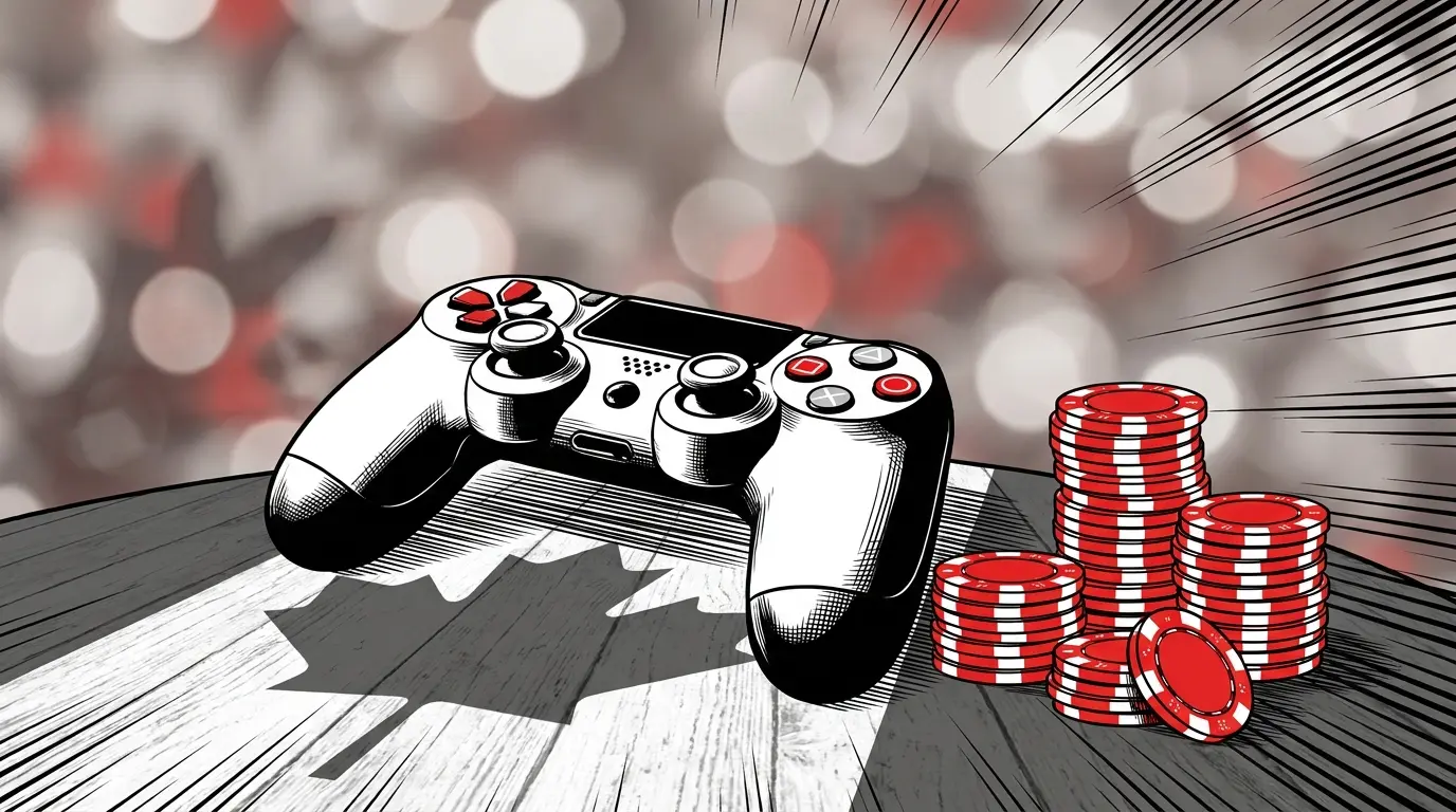 Gaming controller with poker chips and Canadian maple leaf shadow
