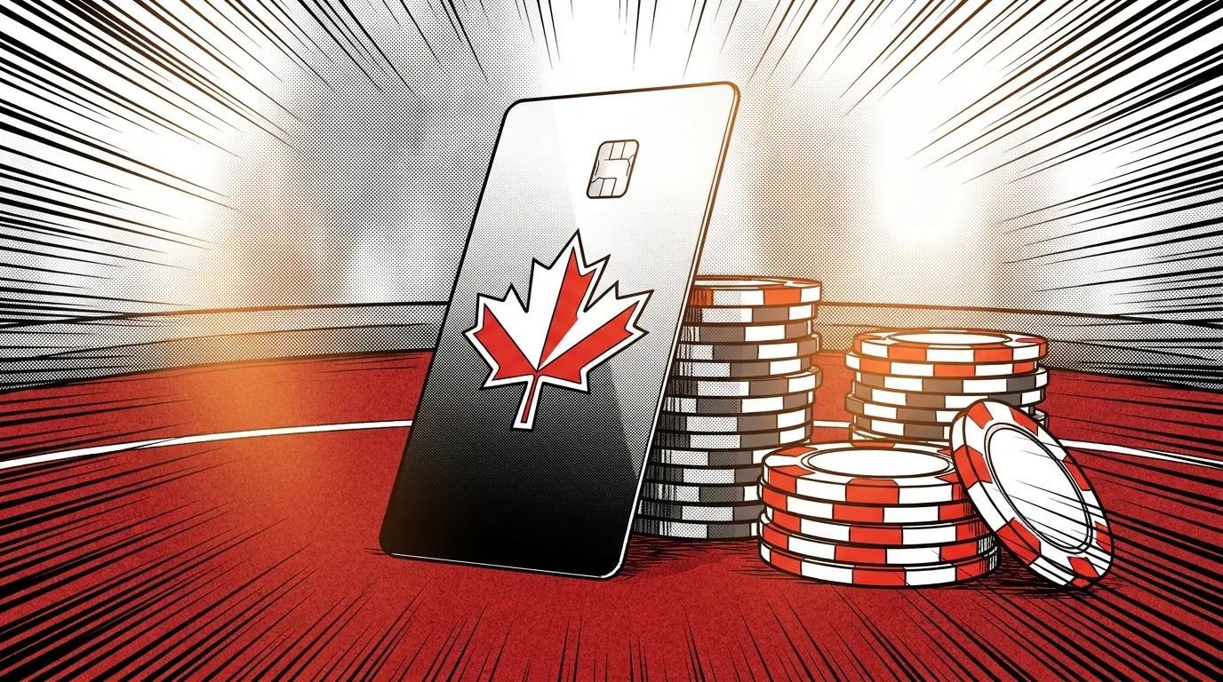 Credit card with poker chips on casino felt in Canadian colors