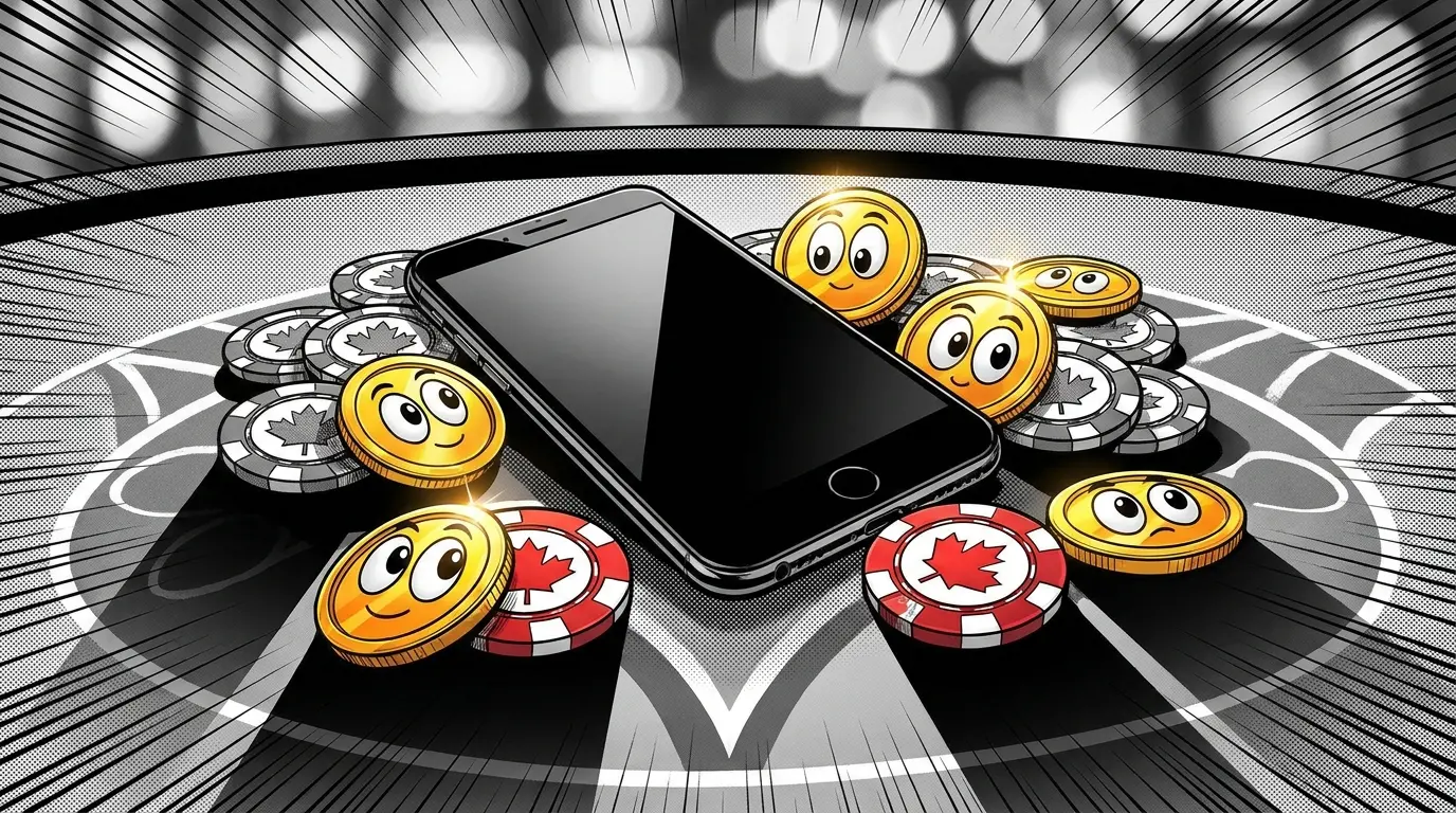 Phone surrounded by crypto coins and casino chips with Canadian colors