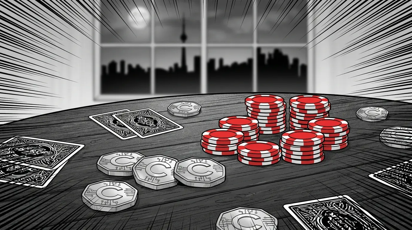 Crypto coins and gambling elements with Canadian cityscape backdrop