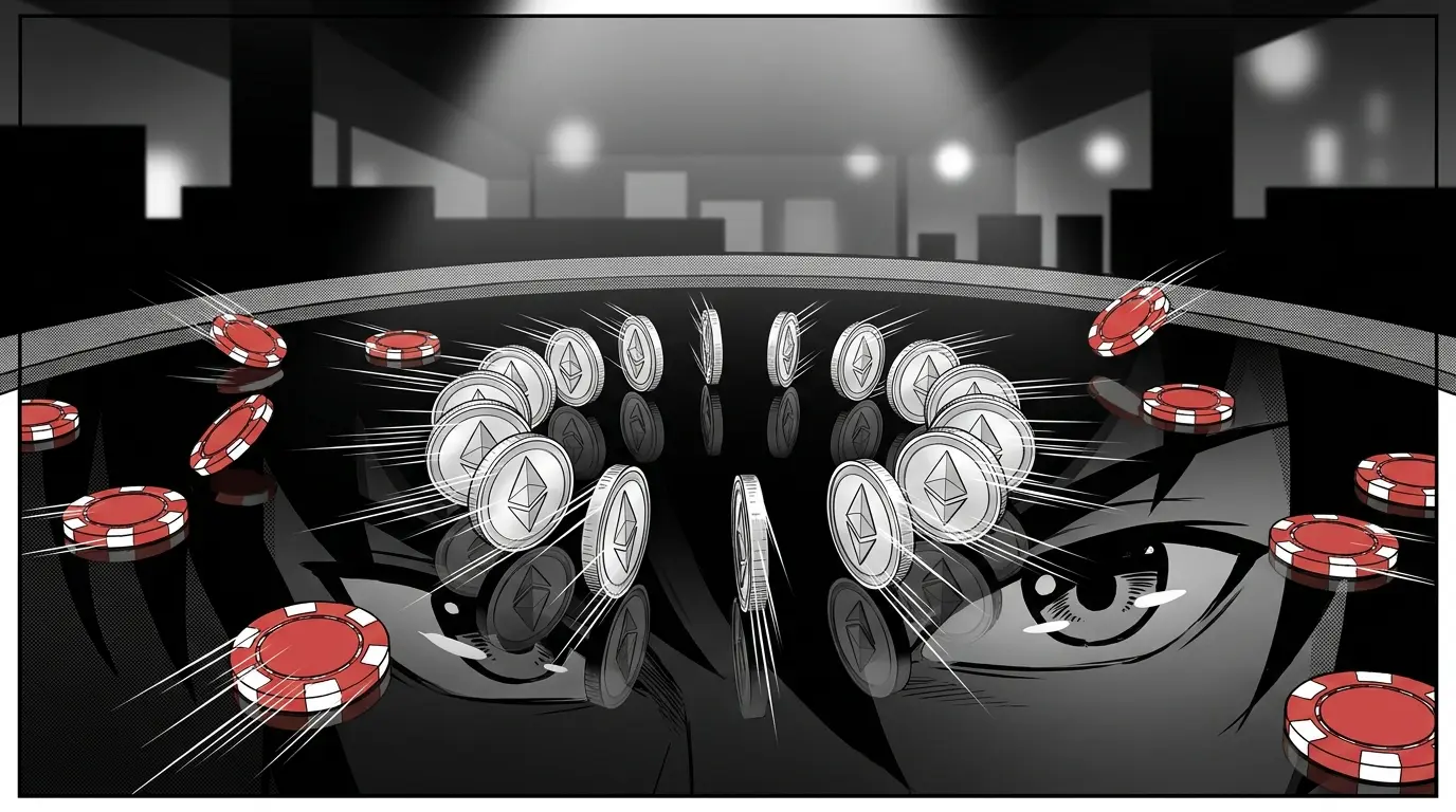 Cryptocurrency coins and red-white poker chips in artistic arrangement