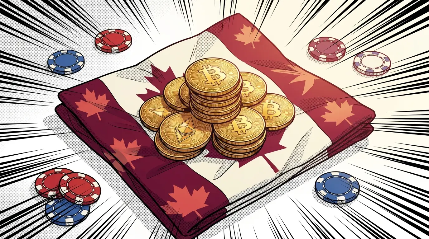 Crypto coins and poker chips arranged on Canadian maple leaf fabric