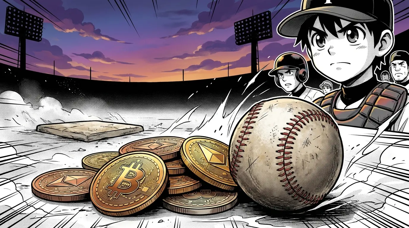 Cryptocurrency coins stacked next to baseball with stadium backdrop