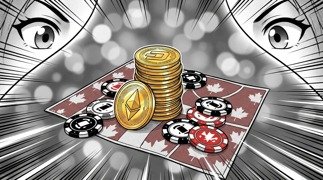 Cryptocurrency coins and casino chips in Canadian colors