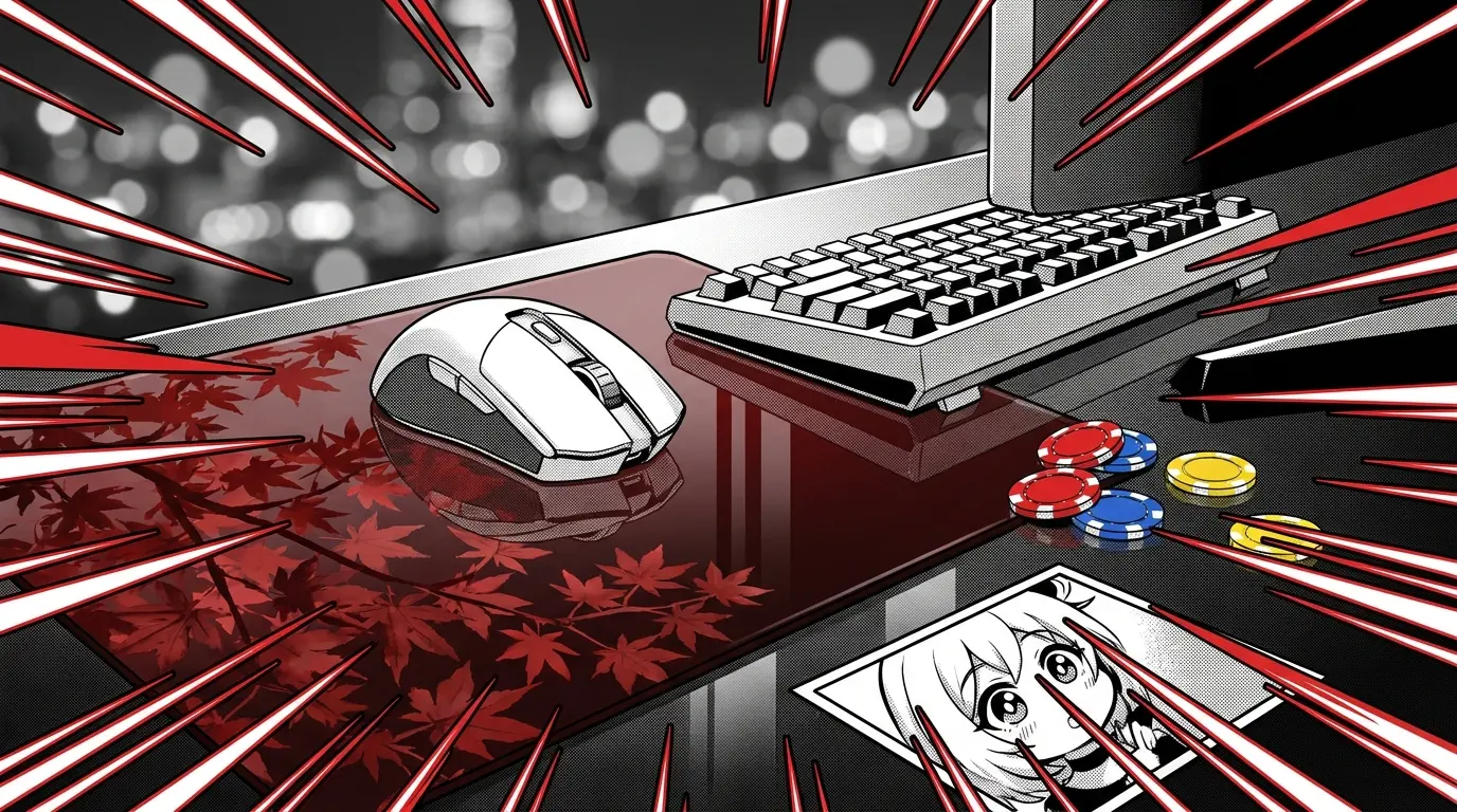 Gaming setup with Canadian maple leaf reflections and casino chips