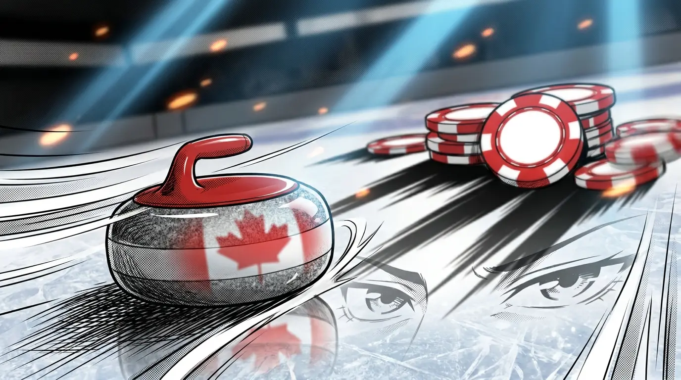 Curling stone on ice with Canadian colors and casino chips