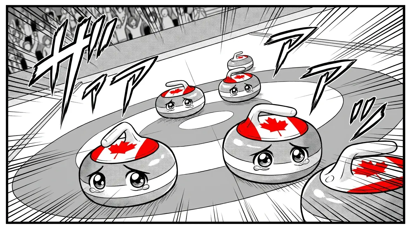 Curling stones on ice with Canadian colors and arena lighting
