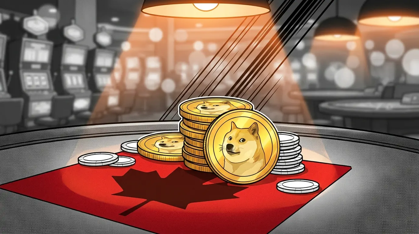 Dogecoin coins and poker chips on casino table with maple leaf shadow
