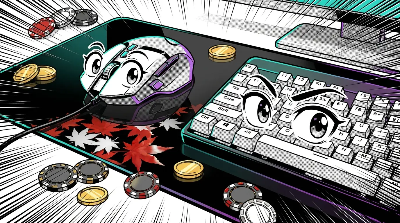 Gaming setup with Canadian-themed colors, poker chips and coins