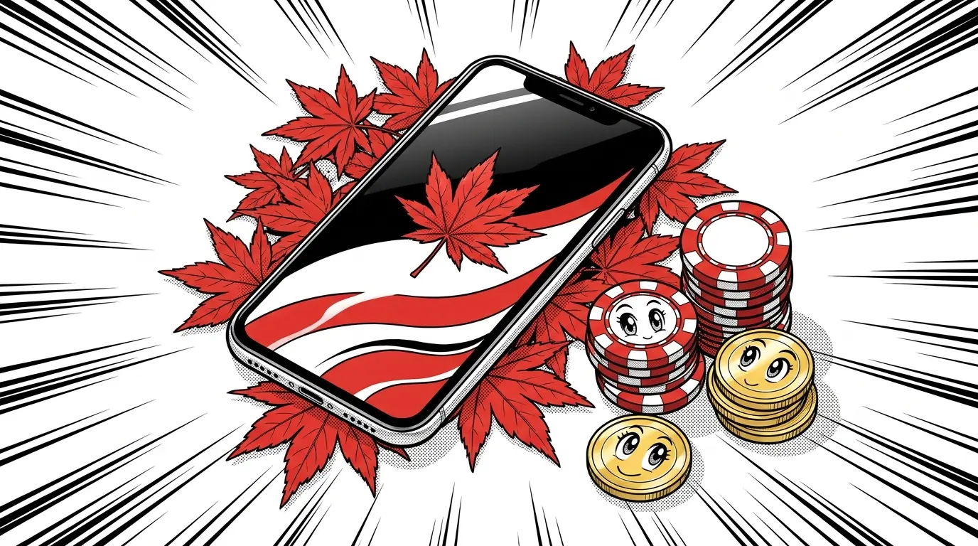 Smartphone with casino chips on Canadian maple leaf background