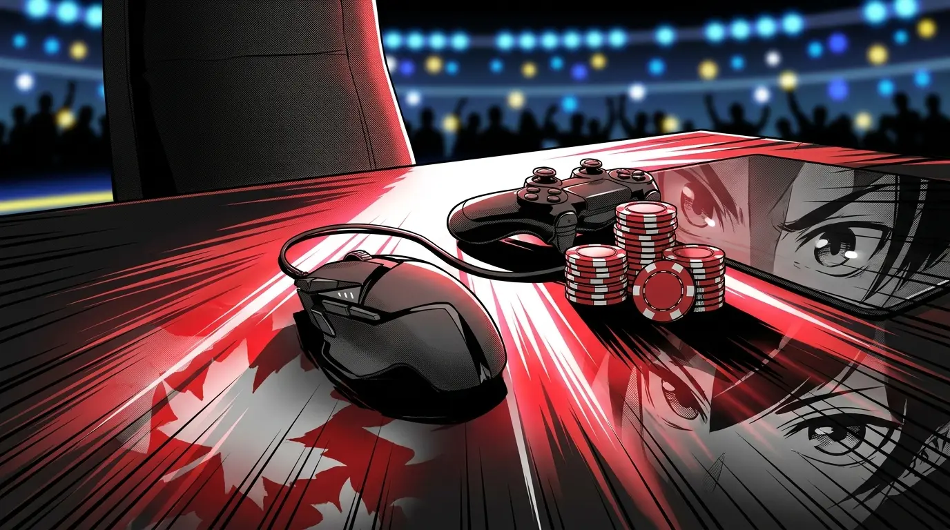 Gaming equipment with poker chips in Canadian red and white lighting