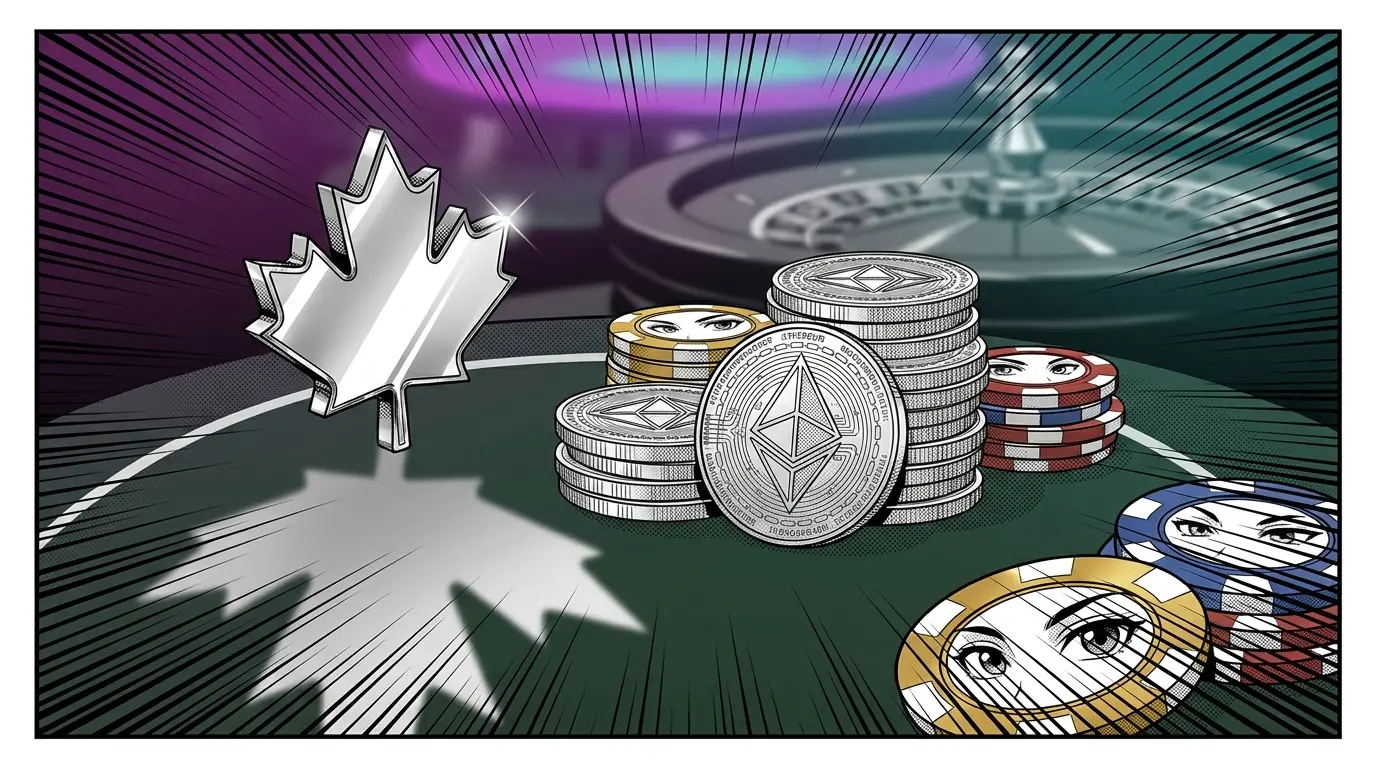 Ethereum coins and casino chips on felt with Canadian maple leaf accent