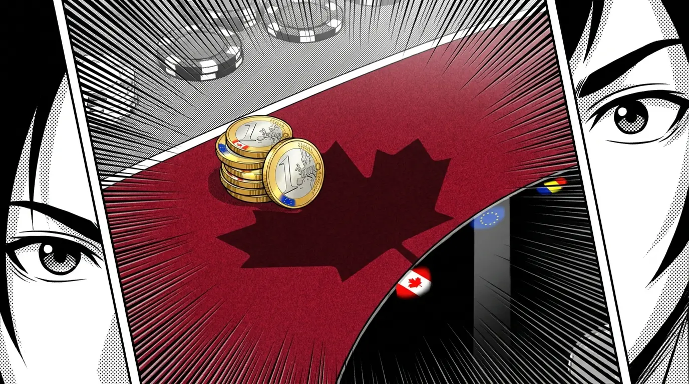 Euro coins on casino felt with Canadian maple leaf shadow