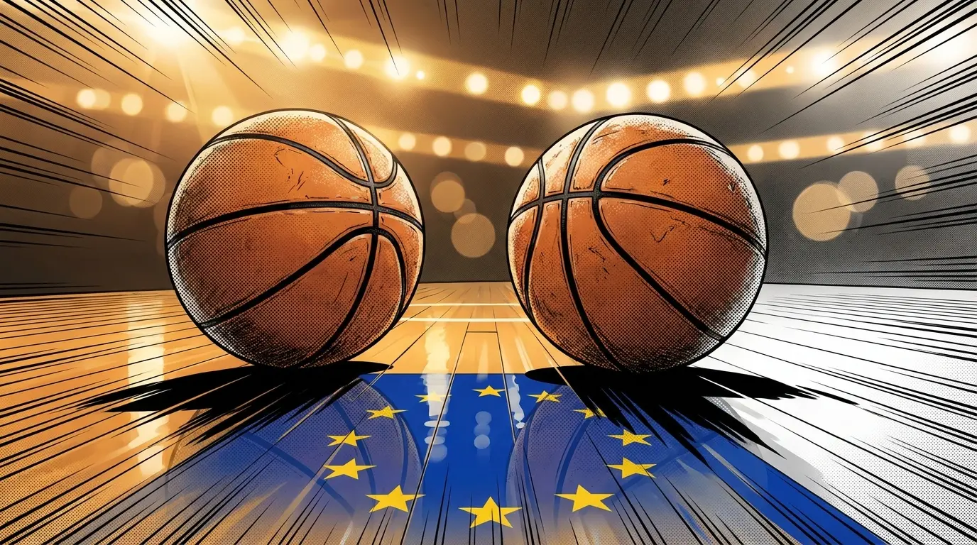 Basketball on court with European colors and arena lighting