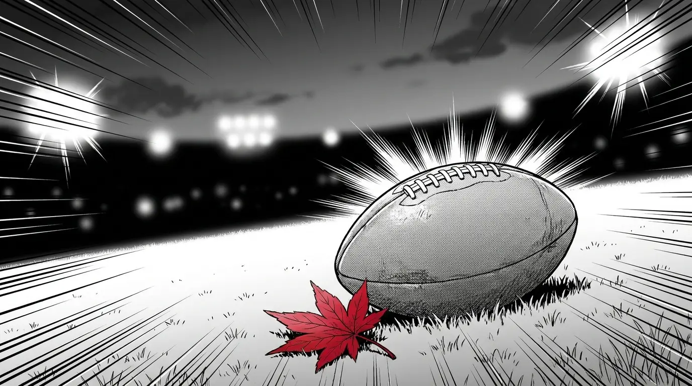 Football and Canadian maple leaf on stadium pitch with dramatic lighting