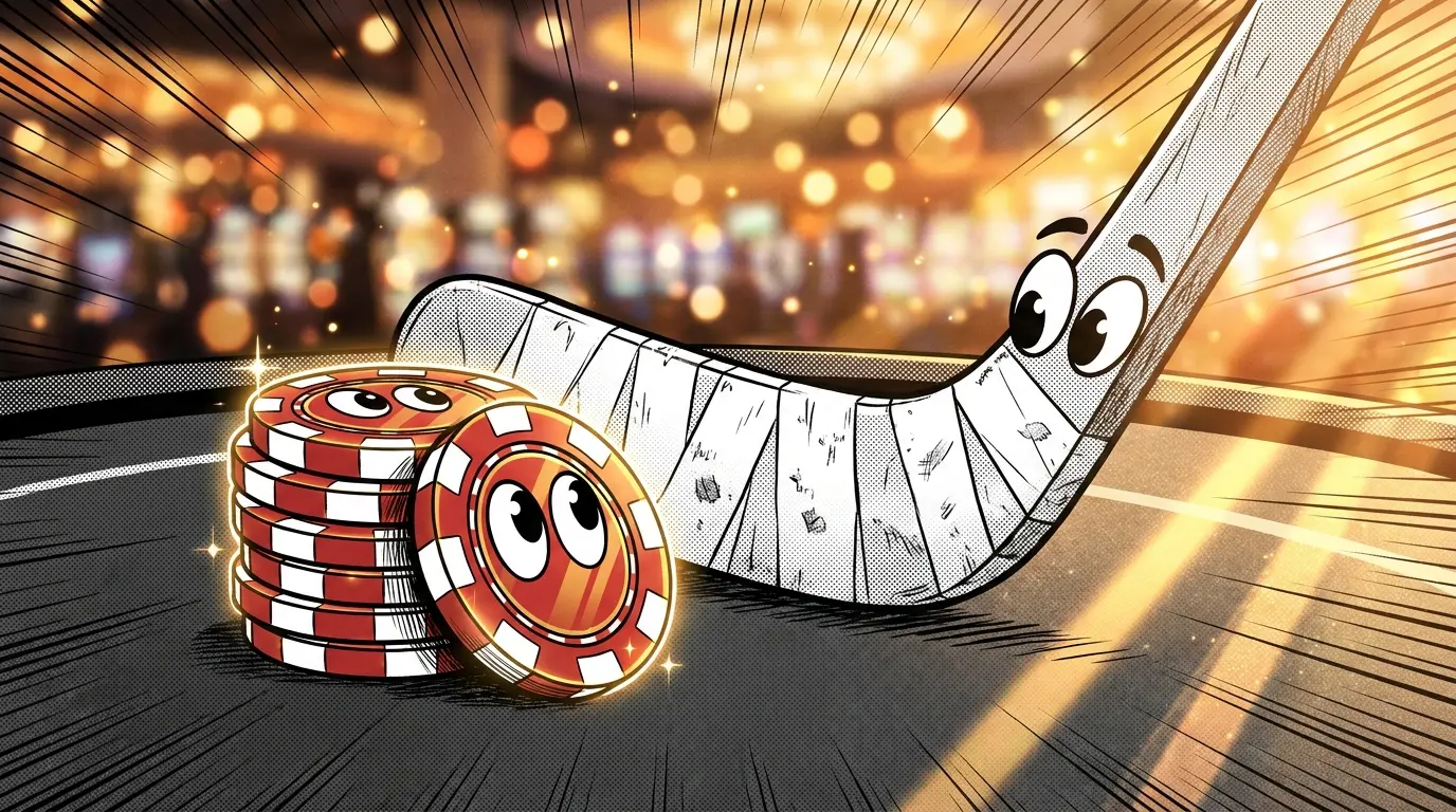 Casino chips and hockey stick on gaming table