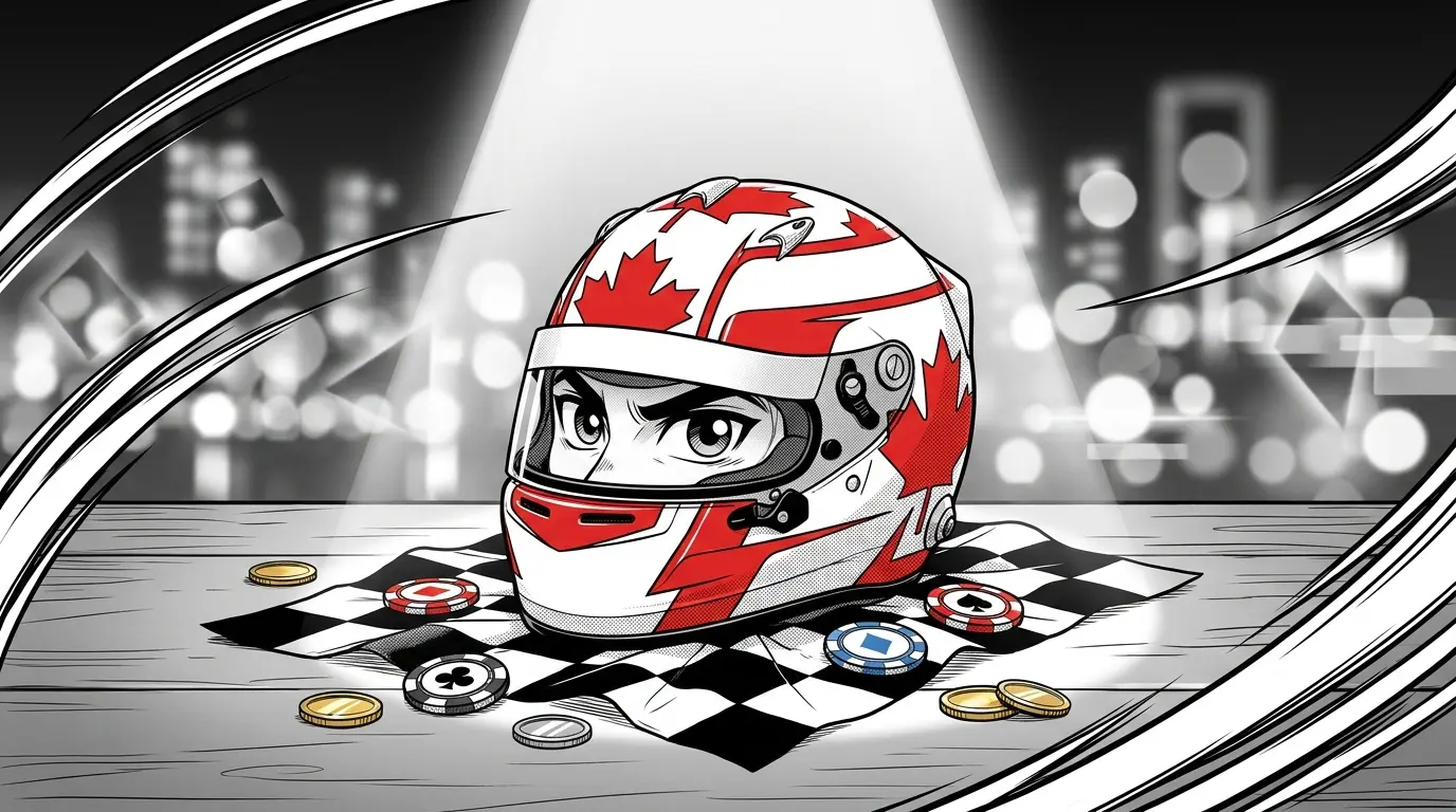 F1 helmet with Canadian colors surrounded by casino chips