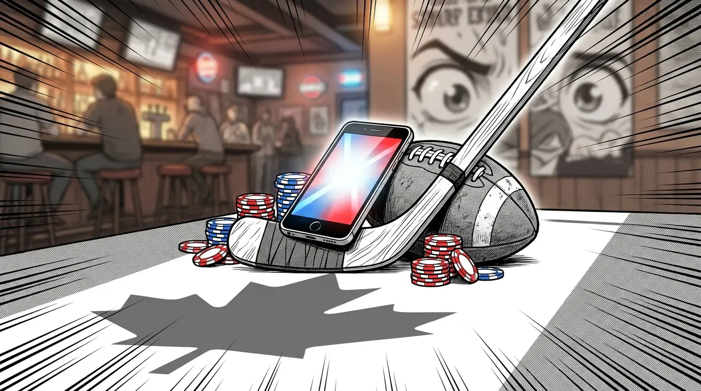 Smartphone with sports equipment and betting chips in Canadian colors