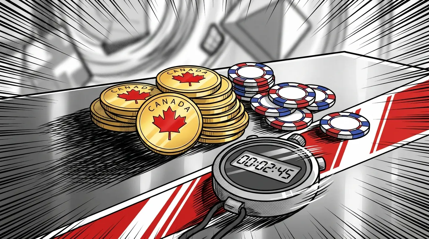 Canadian coins with casino chips and stopwatch on metallic surface