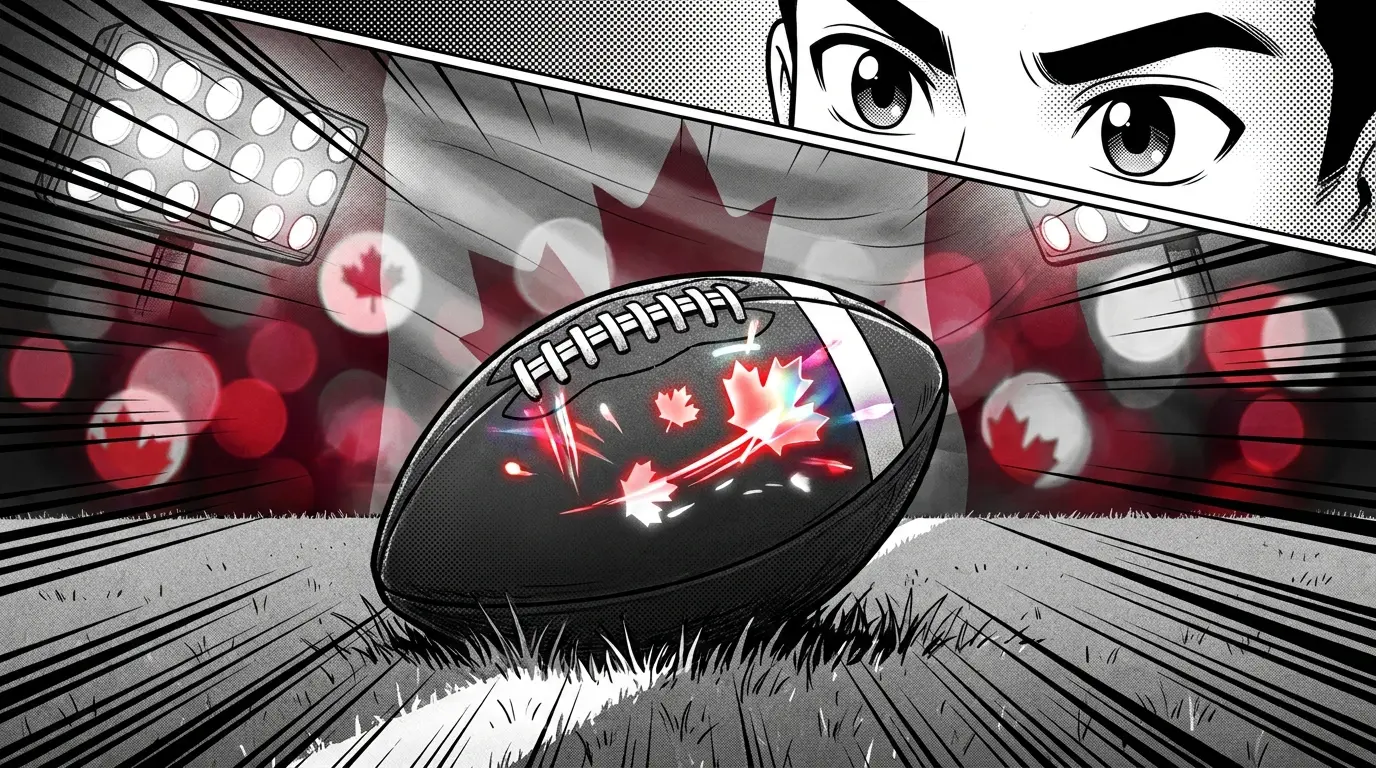 Football on field with Canadian colors in atmospheric stadium lighting